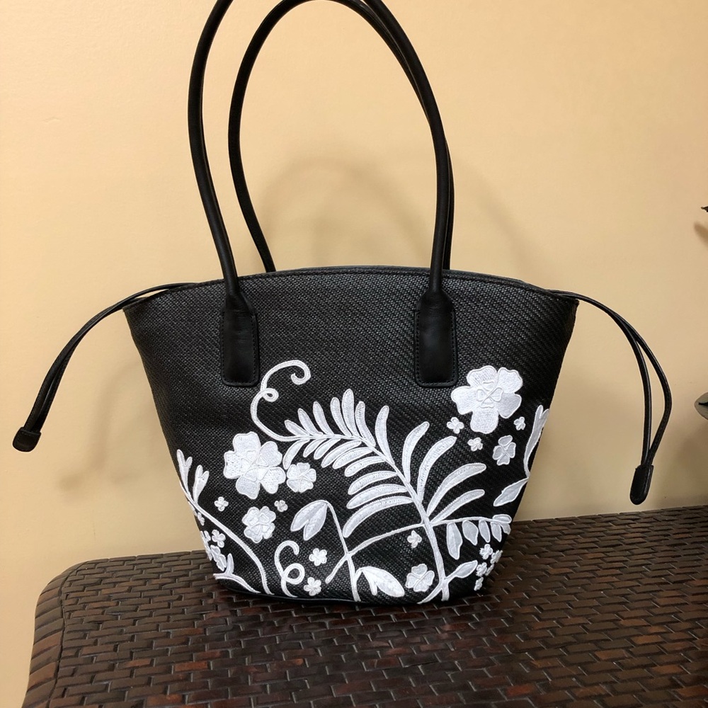 Cole Haan Small Tote in Honolulu Collection black w/ white flowers. Drawstring.
